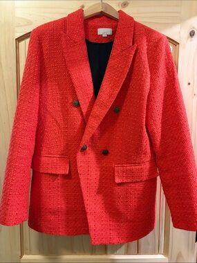LOFT Bright Red Double-Breasted Tweed Blazer